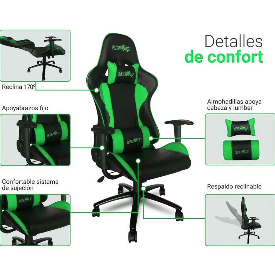 Mexx | SILLA GAMER LEVEL UP ARES VERDE Y NEGRO